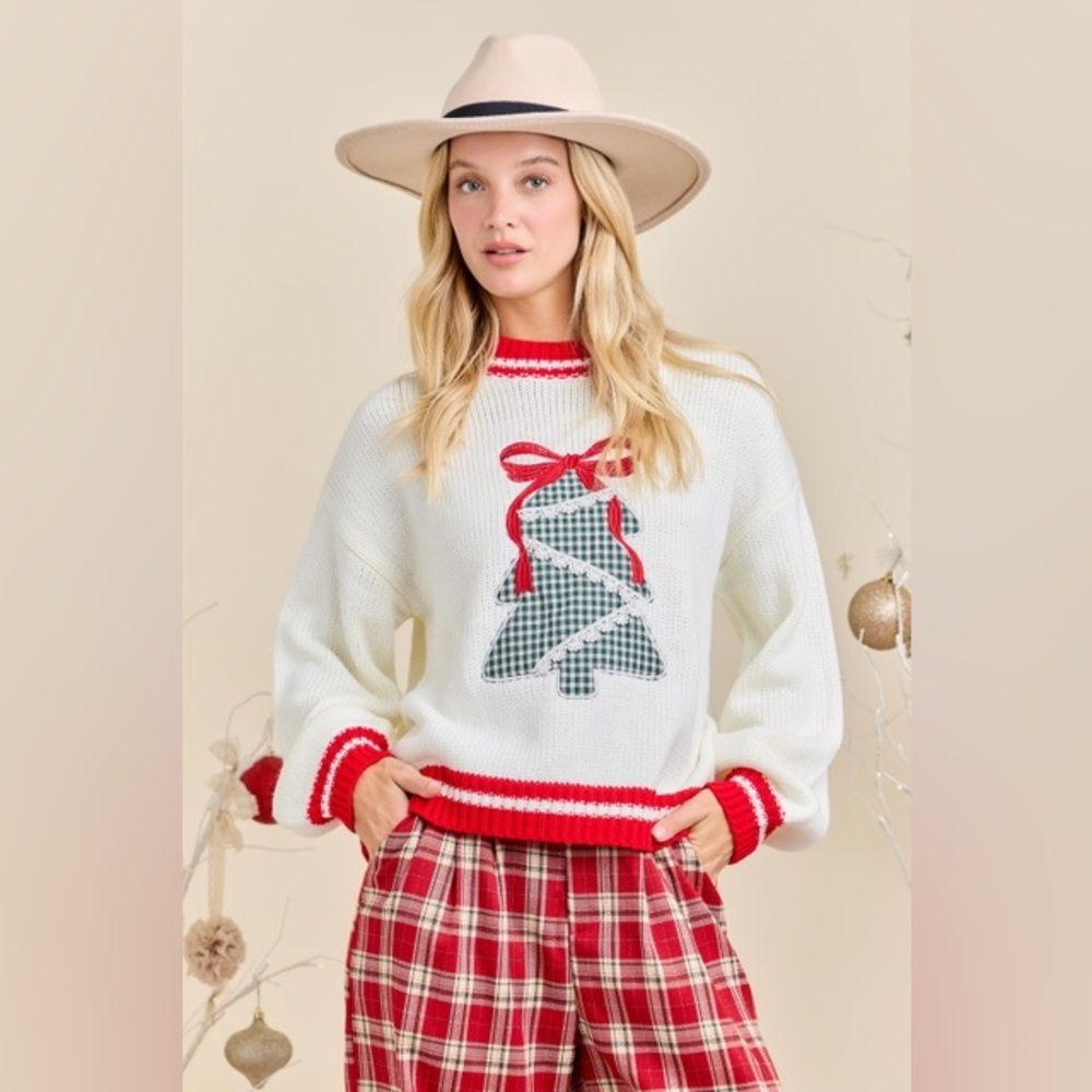 Gingham Christmas Tree Patchwork Sweater With Emb… - image 2